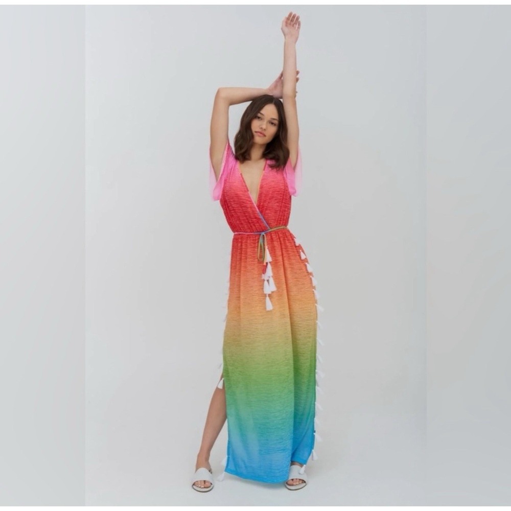 STEPHANIE GOTTLIEB X PITUSA Rainbow Tassel Maxi Dress Coverup Size Petite OS NWT